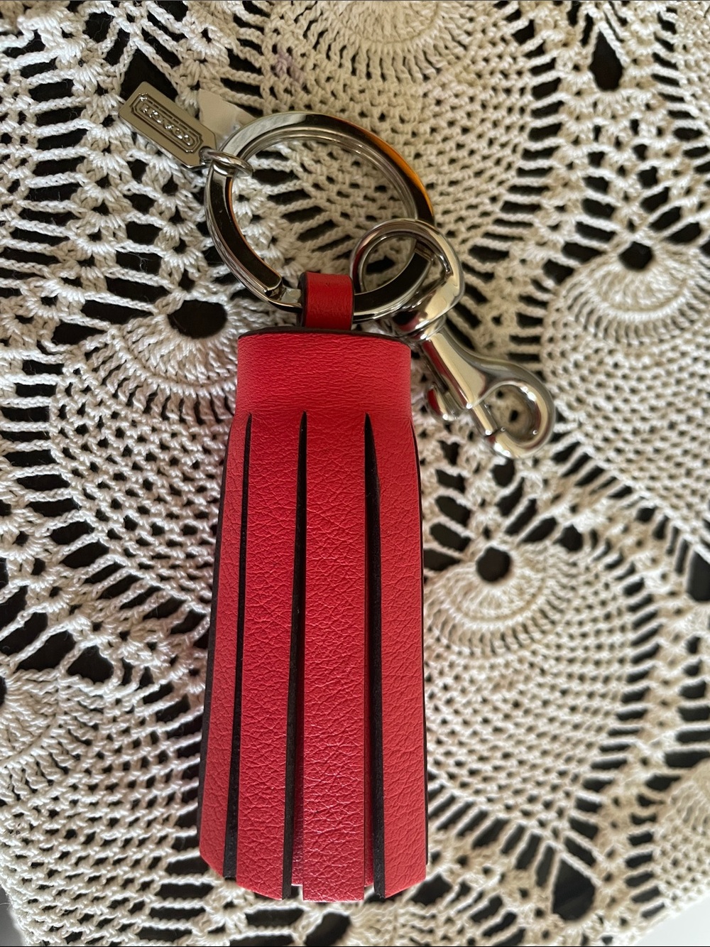 Coach Pink-Red Leather Tassel Key Charm with Silver Hardware